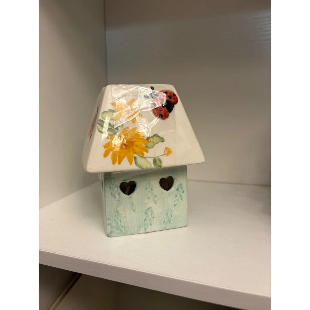 Ceramic Cottage Tea Light Holder Sunflower Ladybug Heart Cutout Candle House